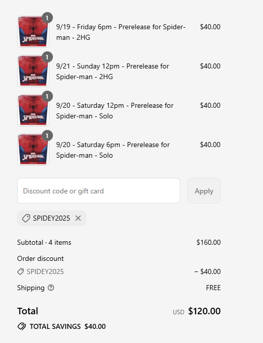 9/20 - Saturday 12pm - Prerelease for Spider-man - Solo (Event only)