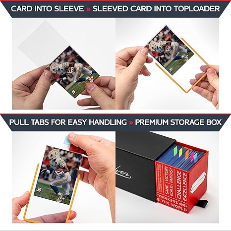 Quiver Time - 100 5-Color 3x4 Top Loaders for Cards - Durable 35pt Toploader Hard Plastic Card Sleeves for Sports Cards, Baseball Cards and Trading Cards (+100 Penny Sleeves +100 Pull-Tabs +Storage Box)